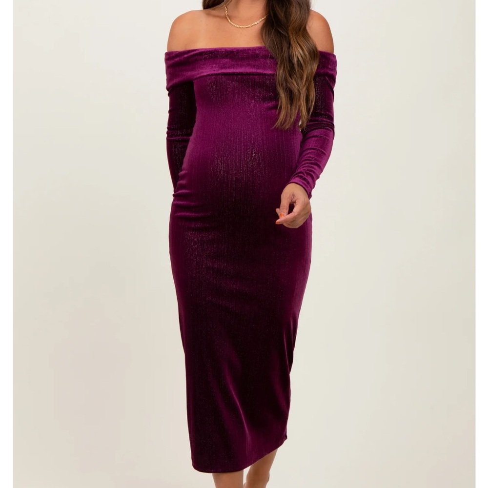 Pinkblush Purple Velvet Off-Shoulder Long Sleeve Dress